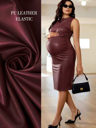 MaterniWear Vestido de maternidad de unicolor con cuello redondo, plisado, de piel sintética ajustado y sin mangas