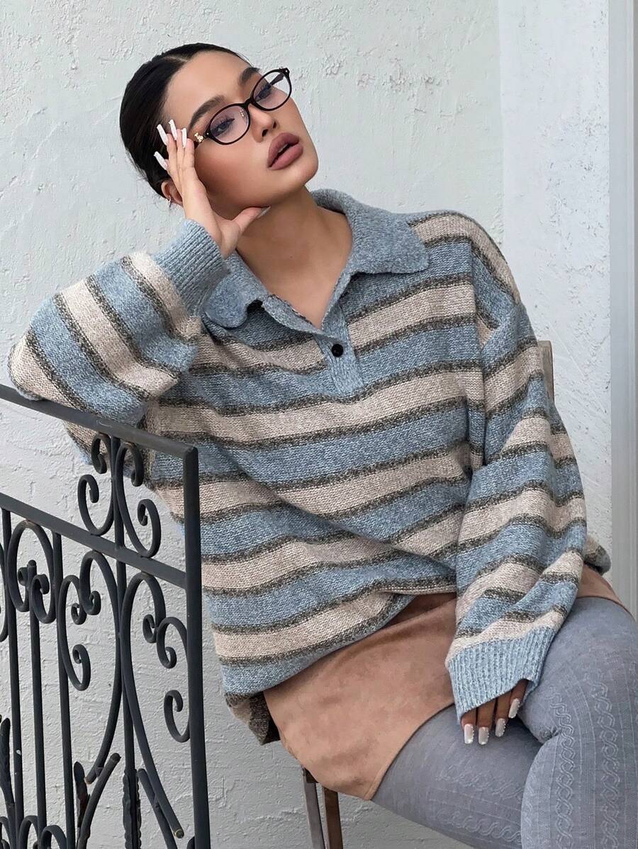 Dazy Plus Contrast Color Block Loose Casual Striped Half-Placket Polo Collar Street Style Plus Size Women Pullover Sweater, Autumn/Winter - Baby Blue - View 1