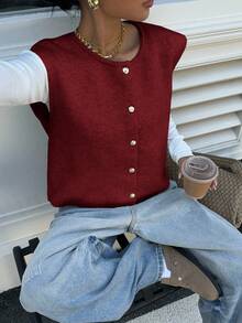 SHEIN PETITE CURVE Áo len chui đầu cổ tròn màu trơn cỡ lớn, cài nút phía trước, thường ngày, thu/đông - Màu Đỏ Sâu - Xem 6