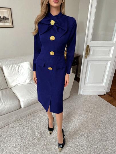 SHEIN Elenzya Vestido largo minimalista y elegante con cuello alto, lazo y hebilla metálica en la cintura, diseño vintage, adecuado para salidas, oficina, negocios y uso diario en otoño/invierno