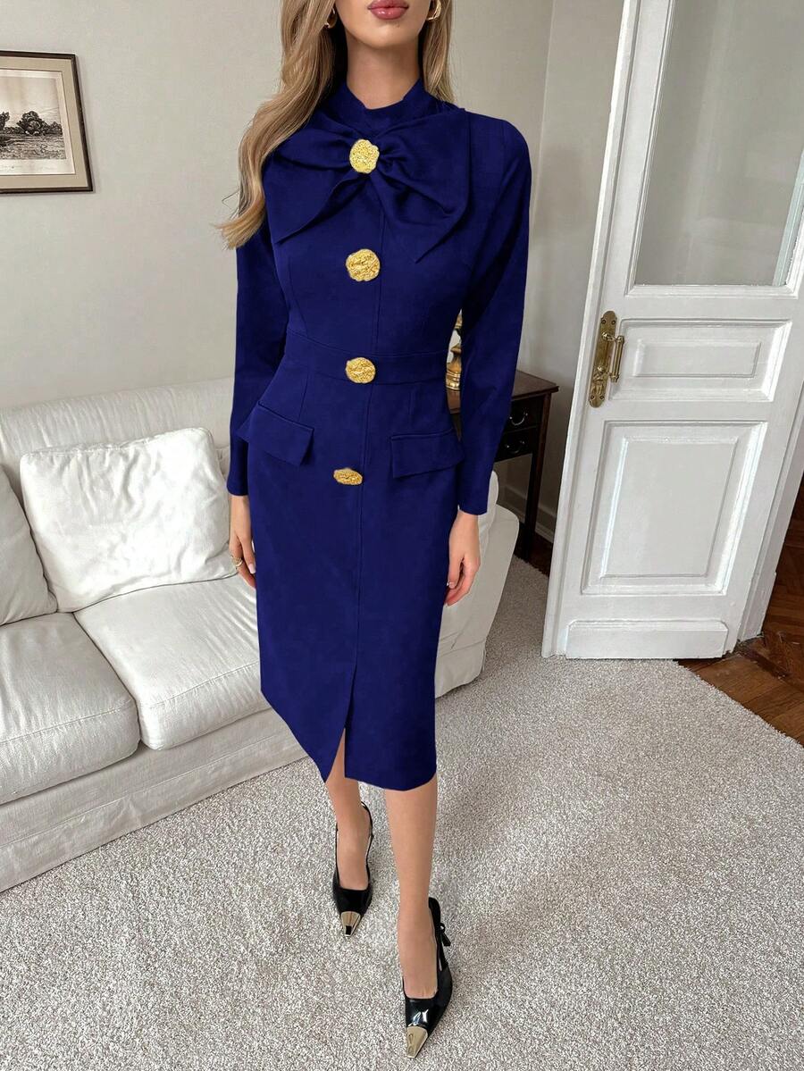 SHEIN Elenzya 女士立领蝴蝶结金属扣腰身设计长款复古简约优雅连衣裙，适合外出、办公、商务、日常穿着，秋冬季款。 - 藏蓝色 - 查看 1