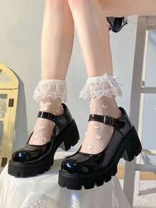 ROMWE Kawaii 1双夏季蕾丝洛丽塔JK风格中筒袜，白色爱心图案，可爱女士款 - 白色 - 查看 2