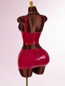 Amplova 2件套紧身PU钢圈低胸优雅派对迷你连衣裙和蕾丝拼接束身衣 - 酒紅色 - 查看 2