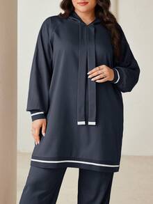 Veilorie Conjunto de 2 piezas de sudadera con capucha y pantalones de unicolor talla grande - Gris Oscuro - Ver 1