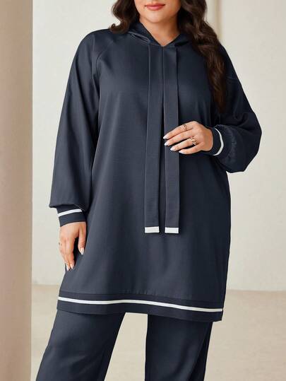 Veilorie 2 Pieces Set Plus Size Solid Color Hooded Sweatshirt And Pants 2 Pieces Set