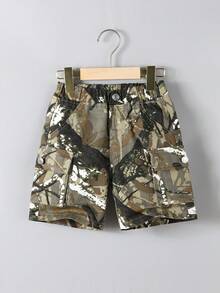 Quần short denim dáng rộng thiết kế túi hộp họa tiết rằn ri cổ điển dành cho bé trai, thoải mái khi mặc hàng ngày - xanh quân đội - Xem 3