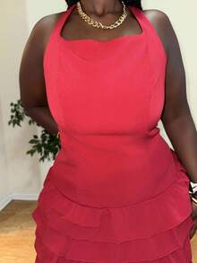 Truni Theloveshegives Plus Size Cute Cake Ruffled Trim Sleeveless Short Dress,Birthday Dresses For Women, For Pear Triangle Body Shape, For Body Shape, For Summer - Red - View 3