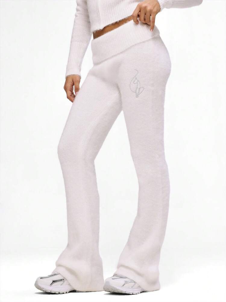 BABYPHAT Crystal Embellished Fluffy Knit Wide Leg Palazzo Pants For Winter Comfort And Luxury Loungewear