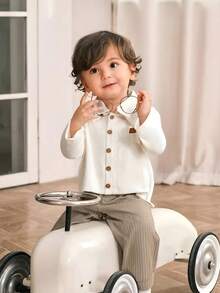 2 Stücke/Set Kleinkind Jungen Langarm Kragen Geripptes Lässig Weiches Hemd und Khaki Vertikal Gerippte Hose Set, Weihnachten - Aprikosenfarben - Übersicht 8