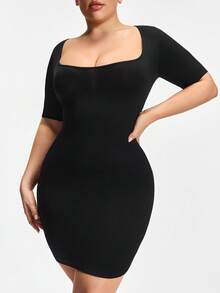 SHAPORA Women's Seamless Short Sleeve Tummy Control Bodycon Dress, Can Be Worn As Plus Size Shapewear Slip Dress, Basic Shaping Skirt For Everyday Wear, Commuting And Home - Black - View 6