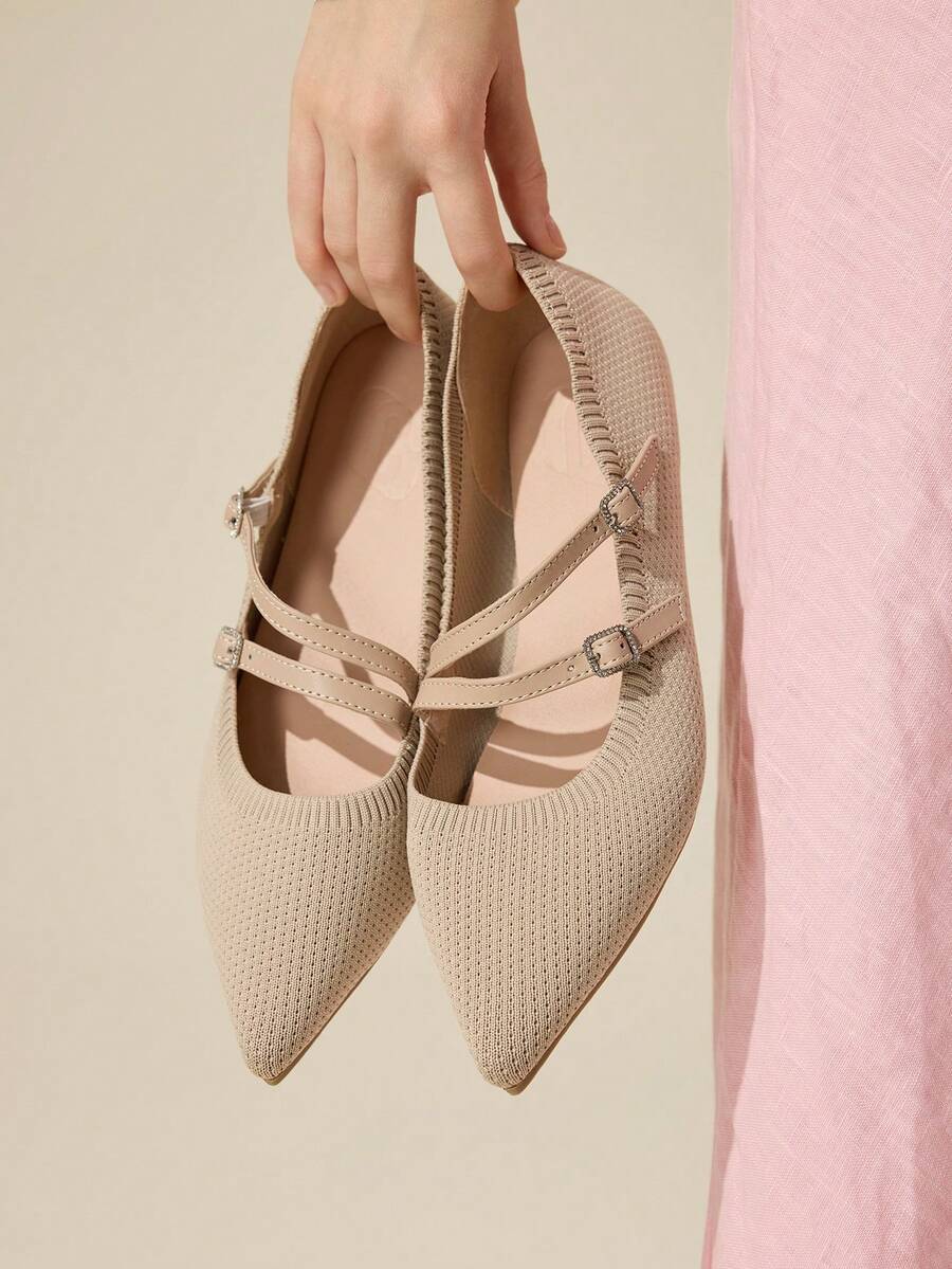 CUCCOO BASICS 杏仁尖头针织平底鞋，舒适透气，百搭通勤工作休闲一脚蹬女鞋 - 杏色 - 查看 1