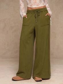 SHEIN VCAY Plus Size Women's Contrast Color Drawstring Waist Pockets Wide Leg Loose Casual Pants - Army Green - View 6