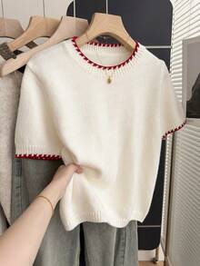 Franclia French Retro Loose Round Neck Short Sleeved Woolen Contrasting Edge Beige Women's Spring And Autumn Knitted Top, Summer Tops Summer Outfits Casual Women Outfits White Top Casual Top - Beige - View 1
