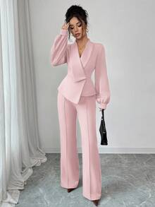 Elenzga Ensemble femme élégant et décontracté pour le travail, les vacances, le thé de l'après-midi. Comprend un blazer asymétrique à col croisé avec manches lanternes et un pantalon évasé à taille élastique. Convient pour le printemps, l'automne et l'hiver. - Rose pâle - Voir 3