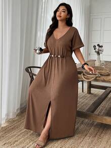 Weeklong Plus Size Women's Beaded Decor Waist Cinched A-Line V-Neck Casual Dress, Spring/Summer Brown Maxi Dress Coffee Brown Dress Linen Maxi Dress - Brown - View 7