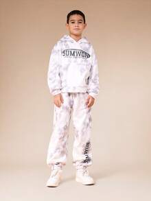 SUMWON扎染大理石纹印花连帽衫和运动裤套装，胸前带有品牌标志，适合度假穿着。 - 淺灰色 - 查看 1
