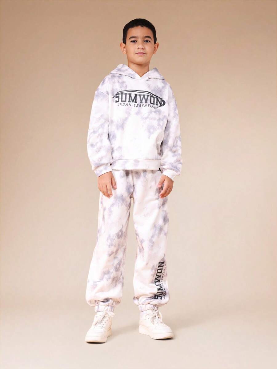 SUMWON扎染大理石纹印花连帽衫和运动裤套装，胸前带有品牌标志，适合度假穿着。 - 淺灰色 - 查看 1