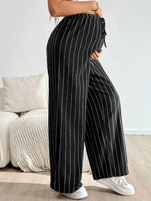 SHEIN 春季女士孕妇抽绳腰条纹休闲宽松阔腿裤，高个阔腿裤 - 黑色 - 查看 4