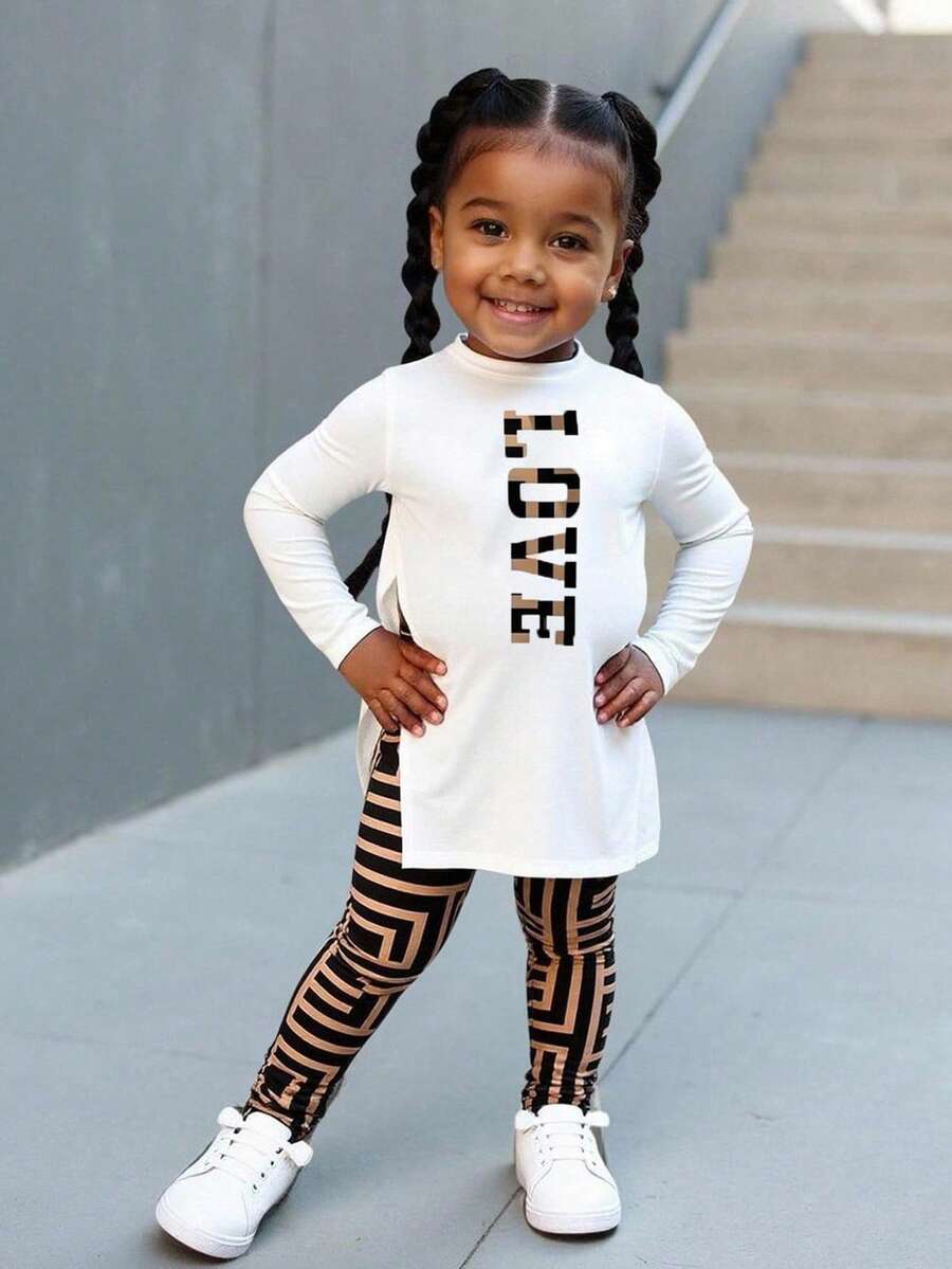 Bubblio 女婴休闲针织小熊印花长袖上衣和几何图案打底裤套装 - 彩色 - 查看 1