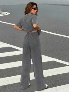 Muchica Casual Round Neck Short Sleeve Straight Leg Pants Set, Distressed Washed Relaxed Fit, Autumn/Winter