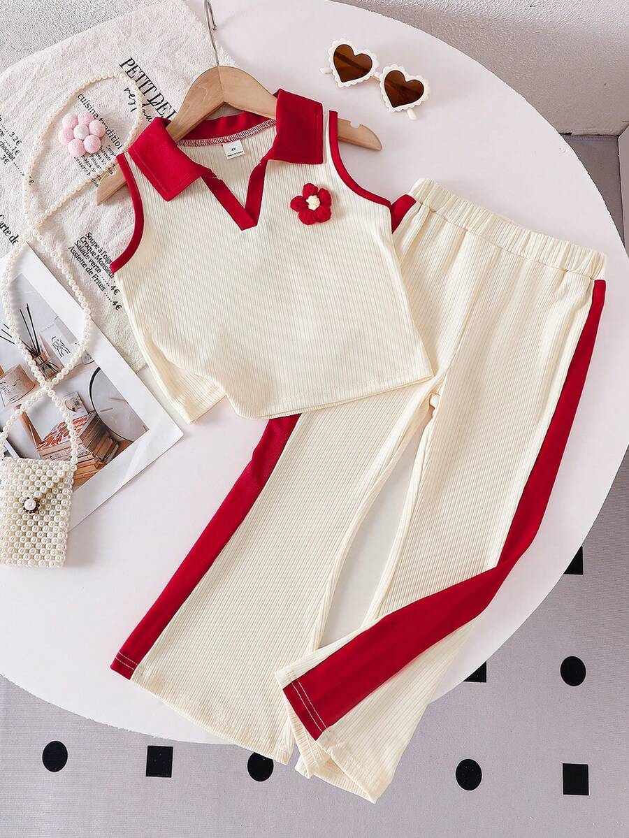 Genkimix Kids 3D Floral Knitted Colorblock Polo Vest And Knitted Colorblock Flared Pants 2 Pieces Set For Girls, Summer - Red - View 1