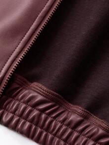 DAZY Tween Girl Solid Color Drop Shoulder Long Sleeve Zipper Front PU Leather Loose Casual Jacket Spring - Burgundy - View 7