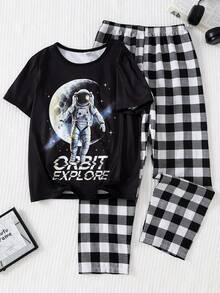 2pcs Boys Casual Astronaut Space Print Knit Crew Neck Short Sleeve Top And Black White Plaid Woven Pants Pajama Set, Spring/Summer - Black - View 1