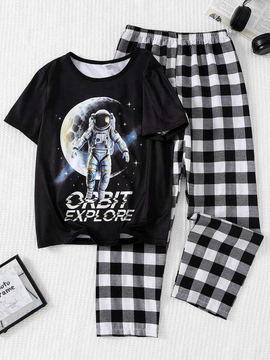 2pcs Boys Casual Astronaut Space Print Knit Crew Neck Short Sleeve Top And Black White Plaid Woven Pants Pajama Set, Spring/Summer - Black - View 1
