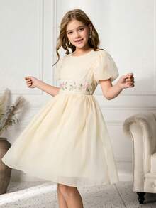 Tween Girls' Elegant Elegant Soft Apricot Puff Sleeve Round Neck Waist Cute Embroidered Floral Belt Decor Fluffy Dress - Apricot - View 1