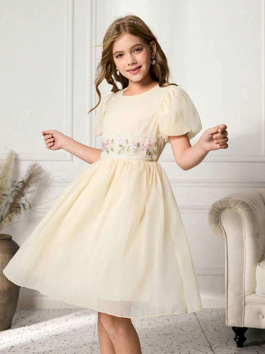 Tween Girls' Elegant Elegant Soft Apricot Puff Sleeve Round Neck Waist Cute Embroidered Floral Belt Decor Fluffy Dress - Apricot - View 1
