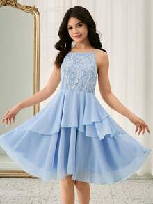 Mädchen Jugendliche Einfarbiges Kleid mit Spaghettiträgern und Rüschensaum, elegant - Babyblau - Übersicht 4