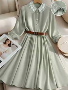 GlowEve 女士刺绣领收腰A字连衣裙，优雅精致，适合日常通勤、商务场合、浪漫约会、派对、圣诞节、秋冬季穿着，长袖设计。 - 綠色 - 查看 1