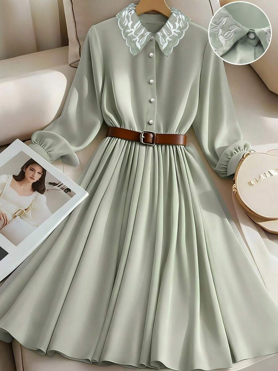 GlowEve 女士刺绣领收腰A字连衣裙，优雅精致，适合日常通勤、商务场合、浪漫约会、派对、圣诞节、秋冬季穿着，长袖设计。 - 綠色 - 查看 1