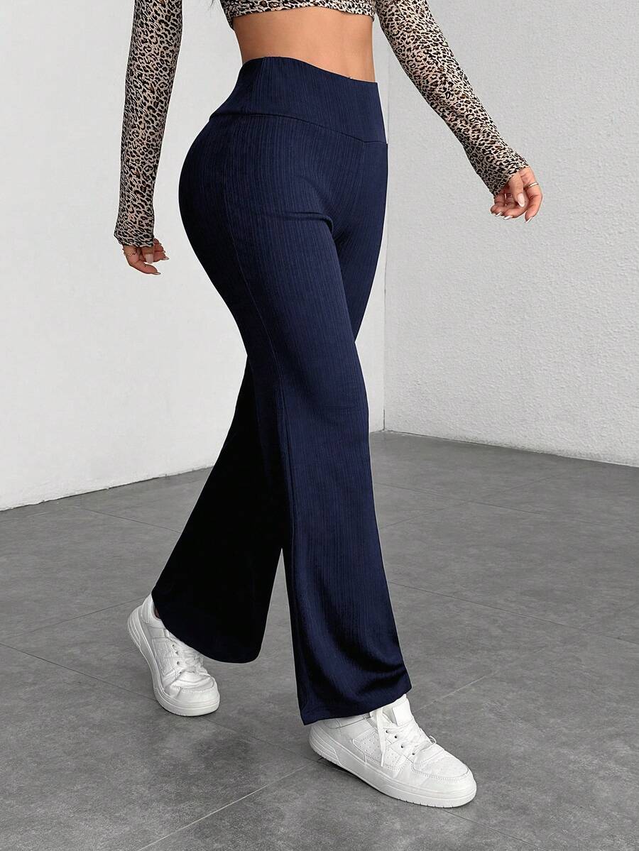 SHEIN PETITE 女士不规则腋下条纹纯色长裤 - 藏蓝色 - 查看 1