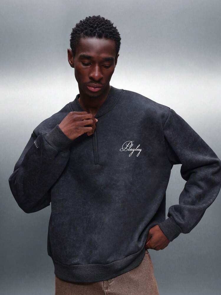PLAYBOY X SUMWON Men's Long Sleeve Crop Fit Sweatshirt With Washed Effect And Cut Off Details Casual Pullover Top