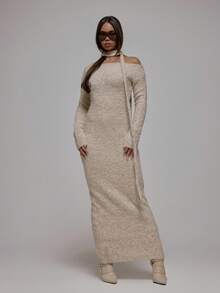 MUSERA 单肩长袖蓬松针织修身长款连衣裙，围巾细节设计，秋冬街头风酷女孩Y2K日常休闲复古风 - 杏色 - 查看 3