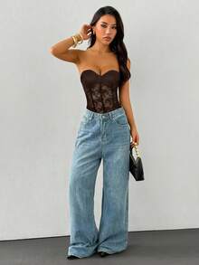 SHEIN PETITE 女士黑色蕾丝连体衣：无肩带无袖针织薄纱花卉内衣上衣 - 棕色 - 查看 3