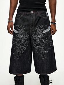 ROMWE MEN Men's Casual Skull Pattern Cropped Denim Jeans - Black - View 7