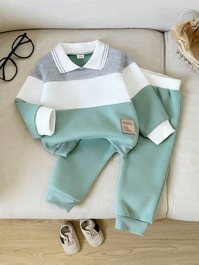 SHEIN Playful Pals Baby Boy Casual Color Block Letter Embroidered Polo Collar Sweatshirt And Sweatpants Set, Preppy Style, Cute & Fashionable, Suitable For Babies In Autumn/Winter For Outings, Photoshoots, Parties, Etc.