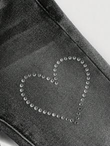 SHEIN 年轻女孩闪亮心形水钻装饰蓝色牛仔紧身喇叭裤 - 黑色 - 查看 2