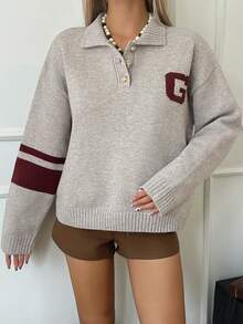 Livesso Women's Casual Letter Pattern Knitted Sweater, Autumn/Winter - Grey - View 3