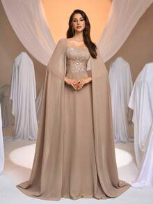 Aureia Women's Elegant Luxurious Gray-Yellow Sequin Embroidered Chiffon Dress - Yellow - View 1