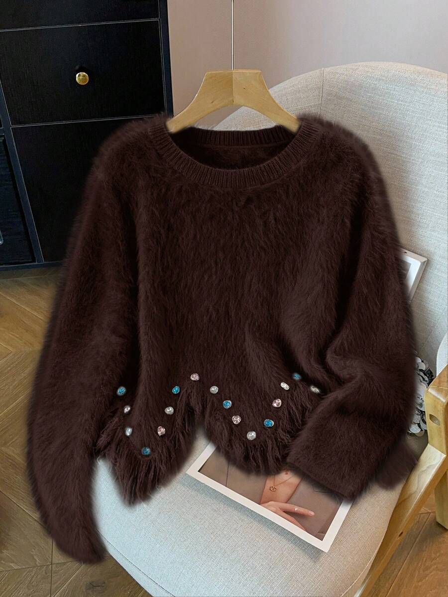 GlowEve 女士不对称下摆流苏仿貂绒柔软舒适手工镶钻修身圆领套头毛衣，常规版型，日常通勤穿着，秋冬季 - 咖啡棕 - 查看 1