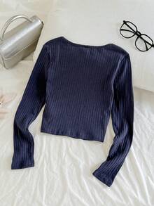 SHEIN 少女海军蓝针织纯色罗纹褶皱胸前蝴蝶结甜美女孩校园休闲长袖T恤，返校季，可爱，假日家庭户外秋季野餐日常穿着，适合各种场合 - 藏蓝色 - 查看 5
