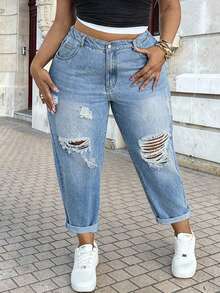 Dripcurv Spodnie jeansowe Plus Size Slim Fit Ripped Tapered, niebieskie, luźne, z rozdarciami i zwężanymi nogawkami, długość 7/8, dżinsy z wysokim stanem i podwiniętym dołem, na koncert country / rave / festiwal rave / Nashville / Ibiza, eleganckie, boho / bohemia / boho; kowbojka / kowboj, brunch, prezent na Dzień Matki