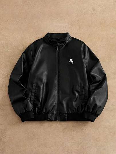 HIMLAND Men's Stand Collar Zipper Front Knight Pattern Pocket Fashion Versatile Jacket, Men's Faux Leather Jacket, PU Leather Bomber Jacket, Stand Collar Jacket Men, Embroidered Horse Logo Jacket, Motorcycle Jacket (Lightweight), Fall Spring Jacket Men, Classic Black Windbreaker, Varsity Jacket Leather, Men's Lightweight PU Leather Jacket | Casual Zip-Up Windbreaker With Stand Collar For Spring & Fall