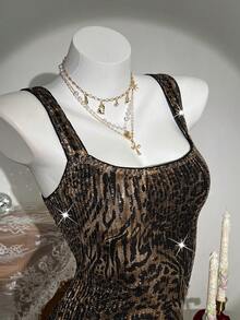 Elamini 1 件女士棕色豹纹亮片刺绣网眼紧身鸡尾酒会礼服，修身腰部迷你连衣裙，性感奢华派对/圣诞节/情人节连衣裙，冬季 - 棕色 - 查看 6