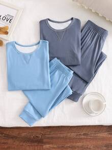 男童纯色休闲针织柔软舒适长袖T恤和打底裤睡衣套装（2件套） - 彩色 - 查看 7