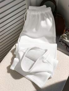 SHEIN EZwear 女士休闲抽绳腰带保暖宽松运动裤，适合日常穿着及开学季、秋冬季穿着。 - 白色 - 查看 5