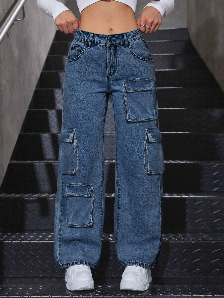 Vaquero cargo mujer pantalon de mujer pantalón de mujer pantalones para mujer pantalón pantalones de dama pantalones baggy - Azul - Ver 1